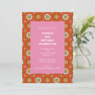 Invitación Fiesta de cumpleaños 60 Retro Floral Naranja Rosa