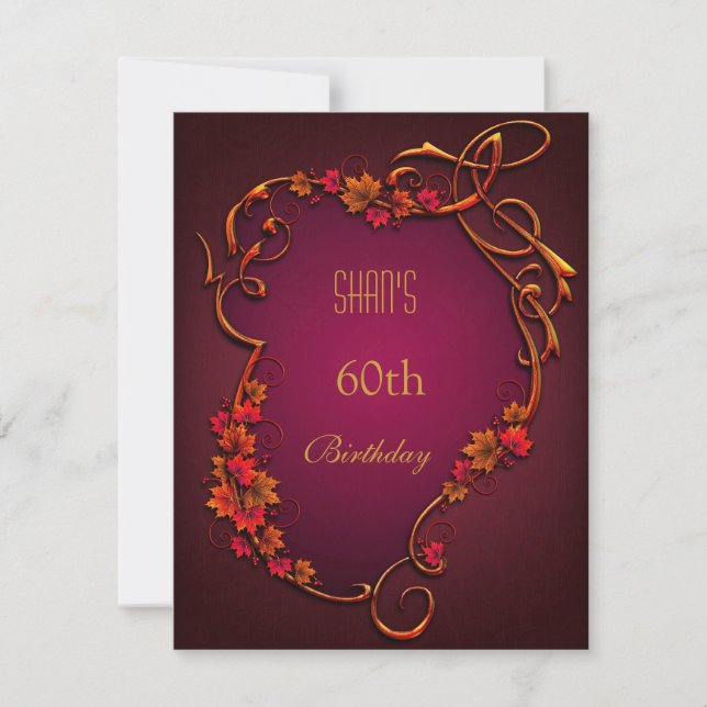 Invitación Fiesta de Cumpleaños 60 Rojo Marrón Floral Otoñal (Anverso)