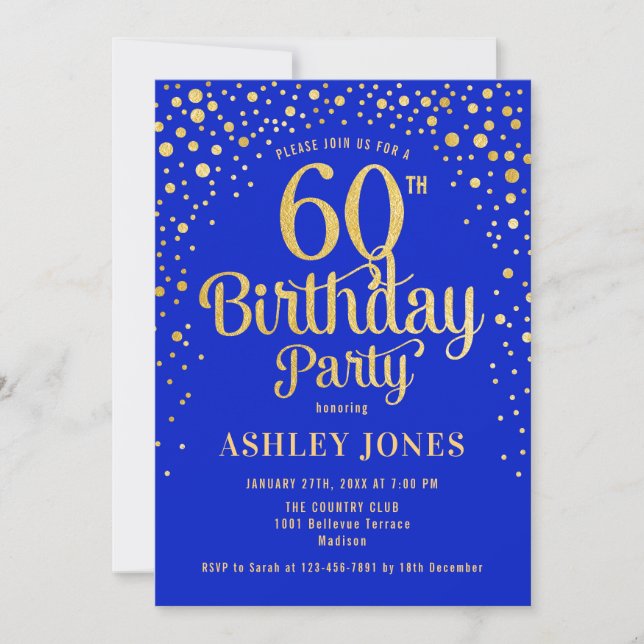 Invitación Fiesta de cumpleaños 60 - Royal Blue & Gold (Anverso)