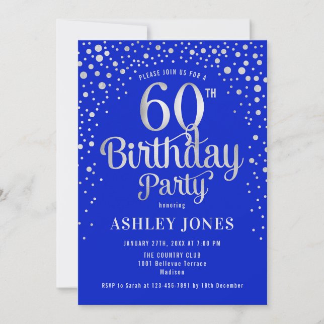 Invitación Fiesta de cumpleaños 60 - Royal Blue & Silver (Anverso)