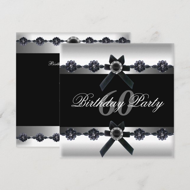 Invitación Fiesta de cumpleaños 60 Silver Black White Diamond (Anverso / Reverso)