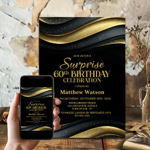 Invitación Fiesta de Cumpleaños 60 Sorpresa Moderno Negro y D