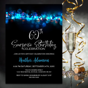 Invitación Fiesta de cumpleaños 60 sorpresa negro con bokeh a