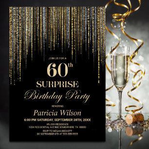 Invitación Fiesta de cumpleaños 60 sorpresa negro purpurina d