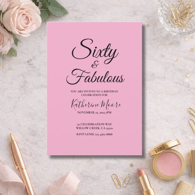 Invitación Fiesta de cumpleaños 60 y fabuloso rosa moderno (Subido por el creador)