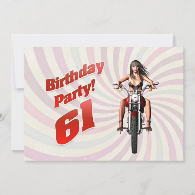 Invitación Fiesta de cumpleaños 61 con un chica en moto (Anverso)