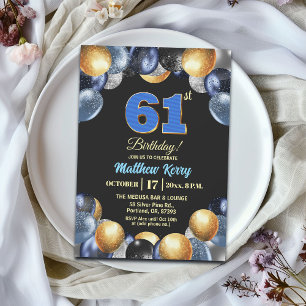 Invitación Fiesta de cumpleaños 61 elegante azul plata dorado