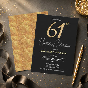 Invitación Fiesta de cumpleaños 61 elegante con brillo dorado