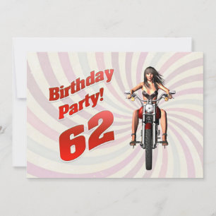 Invitación fiesta de cumpleaños 62 con una chica en una moto