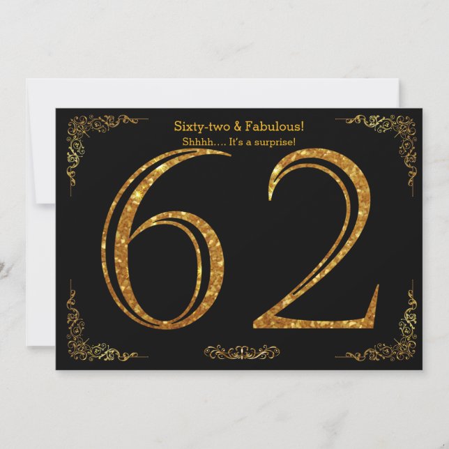 Invitación Fiesta de cumpleaños 62,Estílico Gatsby,purpurina  (Anverso)