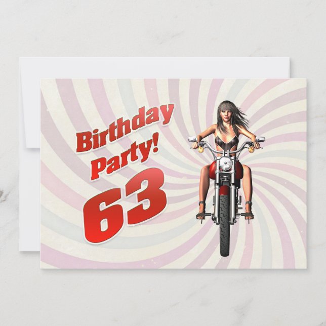 Invitación Fiesta de cumpleaños 63 con un chica en moto (Anverso)