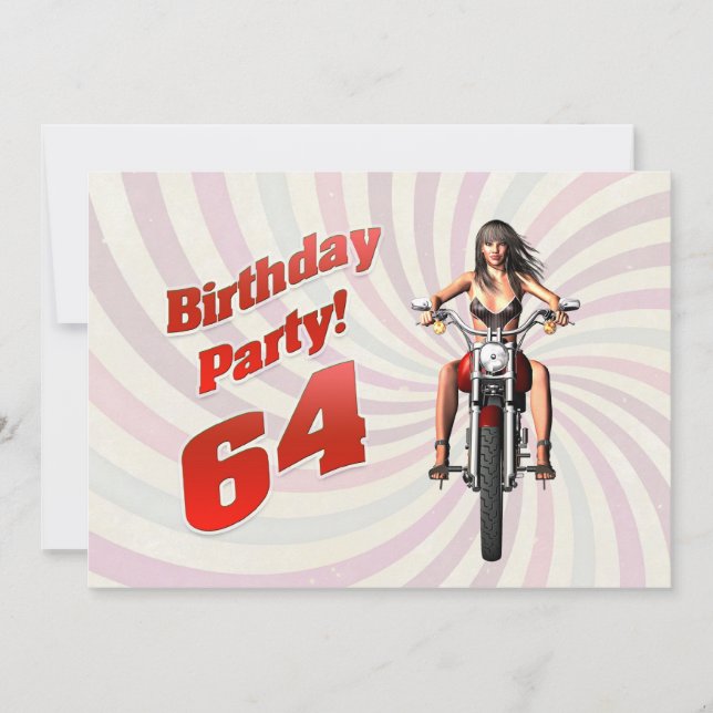 Invitación Fiesta de cumpleaños 64 con un chica en moto (Anverso)