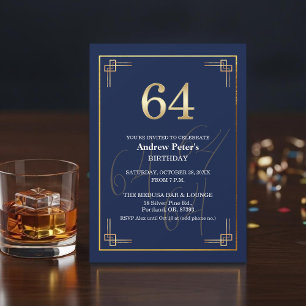 Invitación Fiesta de Cumpleaños 64 Elegante Azul Oro