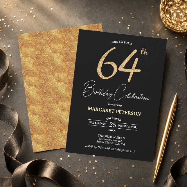 Invitación Fiesta de cumpleaños 64 elegante negro dorado con  (Subido por el creador)