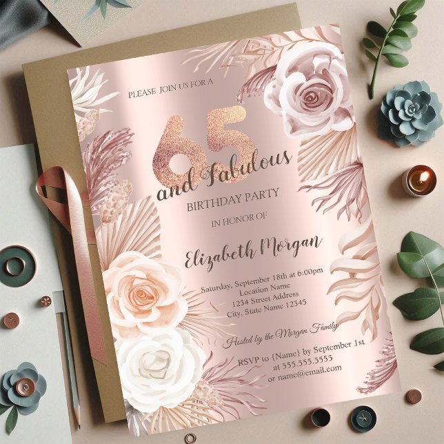 Invitación Fiesta de cumpleaños 65 Boho Flores Rosa Dorado (Subido por el creador)