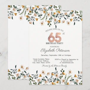Invitación Fiesta de Cumpleaños 65 con Aquarelas de Flores Si