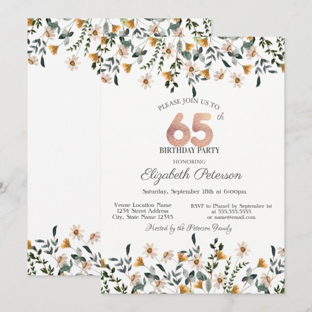 Invitación Fiesta de Cumpleaños 65 con Aquarelas de Flores Si (Anverso / Reverso)