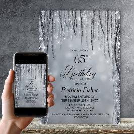Invitación Fiesta de cumpleaños 65 con brillo negro y plata