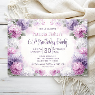 Invitación Fiesta de cumpleaños 65 con flores púrpura y rosa