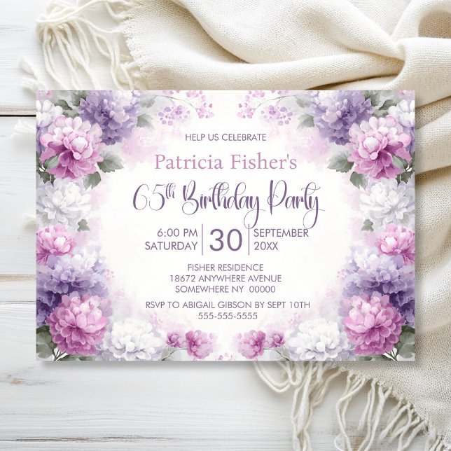 Invitación Fiesta de cumpleaños 65 con flores púrpura y rosa (Subido por el creador)