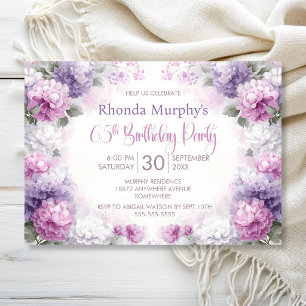 Invitación Fiesta de cumpleaños 65 con flores rosas y moradas