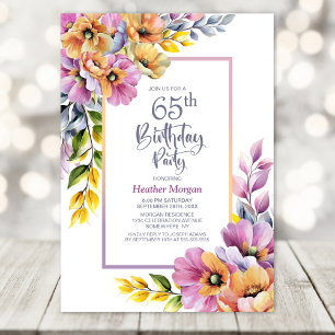 Invitación Fiesta de cumpleaños 65 con flores rosas y naranja