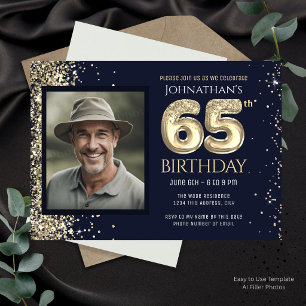 Invitación Fiesta de cumpleaños 65 con foto azul y brillo dor