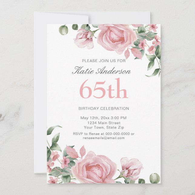 Invitación Fiesta de cumpleaños 65 con tinta acuarela rosa (Anverso)