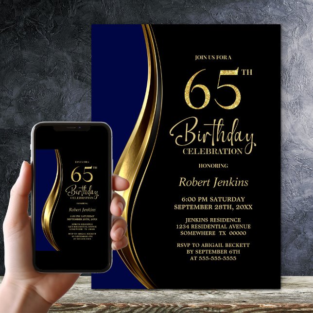 Invitación Fiesta de Cumpleaños 65 de Black Gold Blue (Subido por el creador)