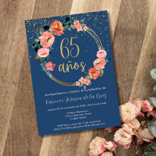 Invitación Fiesta de Cumpleaños 65 de Floral Azul Rosa Dorado
