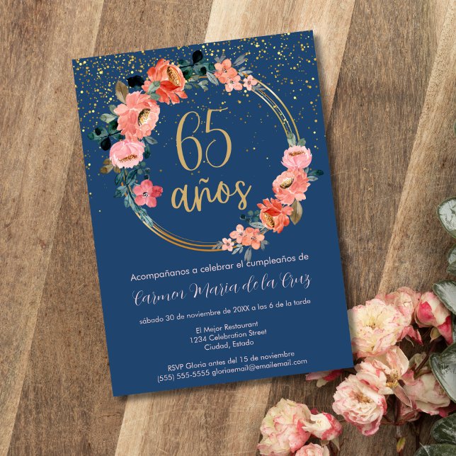 Invitación Fiesta de Cumpleaños 65 de Floral Azul Rosa Dorado (Subido por el creador)