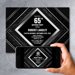 Invitación Fiesta de cumpleaños 65 elegante en negro y plata
