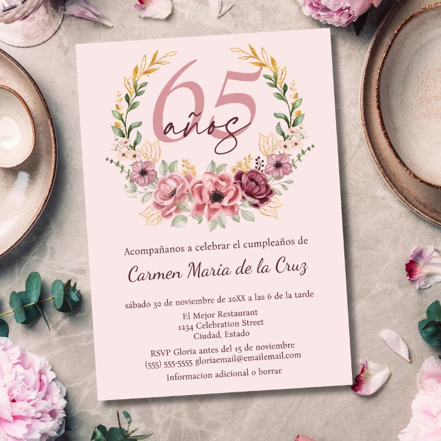 Invitación Fiesta de Cumpleaños 65 Elegante Floral Rosa Españ (Subido por el creador)