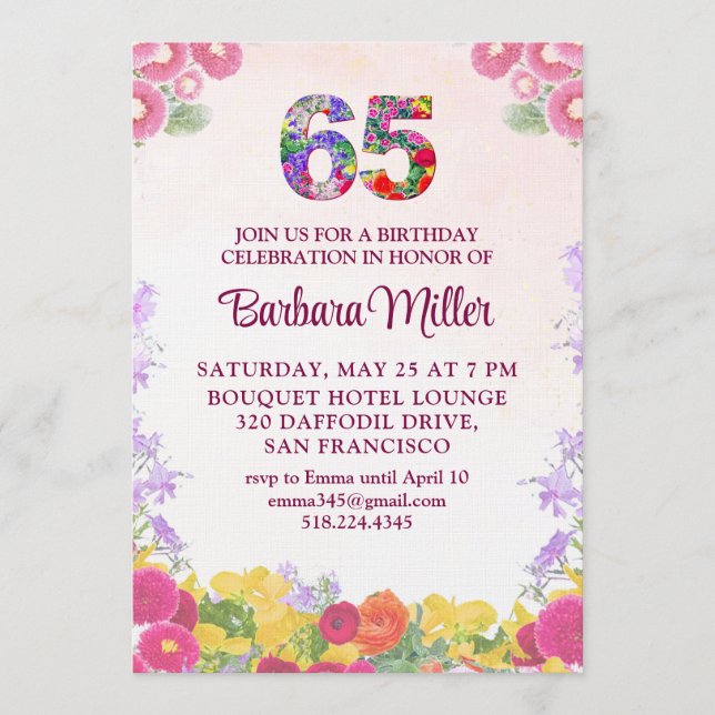 Invitación Fiesta de cumpleaños 65 - Floral Blush Bloom 65 (Anverso)