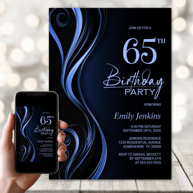 Invitación Fiesta de cumpleaños 65 moderna en negro y azul (Subido por el creador)
