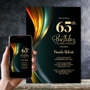 Invitación Fiesta de cumpleaños 65 moderna en negro y dorado