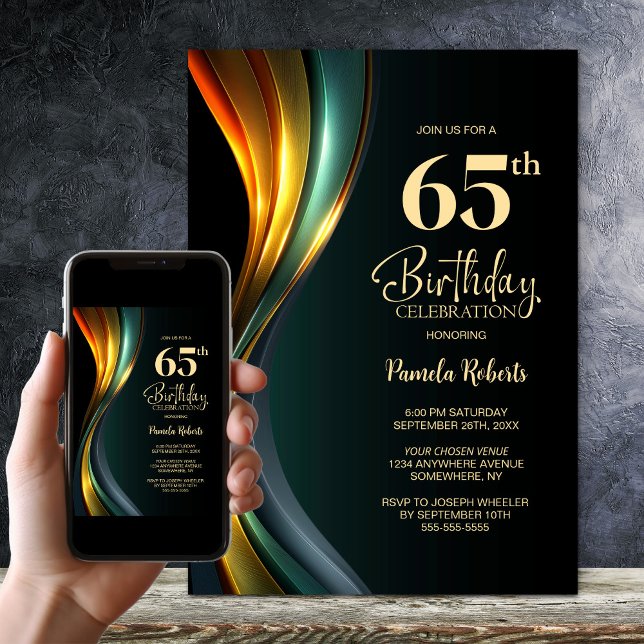 Invitación Fiesta de cumpleaños 65 moderna en negro y dorado (Subido por el creador)