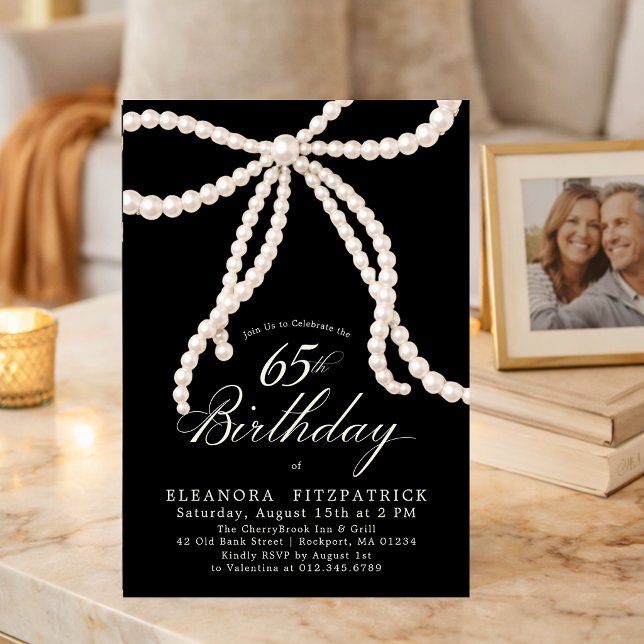 Invitación Fiesta de cumpleaños 65 negro blanco Coquette lazo (Subido por el creador)