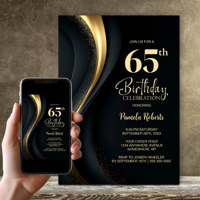 Invitación Fiesta de cumpleaños 65 negro y dorado (Subido por el creador)