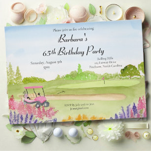 Invitación Fiesta de cumpleaños 65 Pink Golf Cart Campo de go