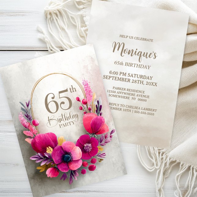 Invitación Fiesta de Cumpleaños 65 Rosado Floral (Subido por el creador)