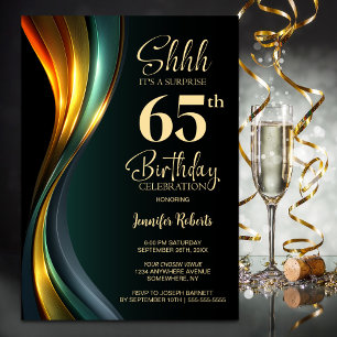 Invitación Fiesta de cumpleaños 65 sorpresa negra y dorada mo