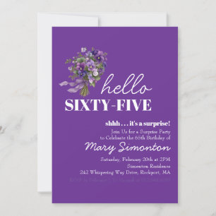 Invitación FIESTA DE CUMPLEAÑOS 65 Sorpresa Ramo Floral Púrpu