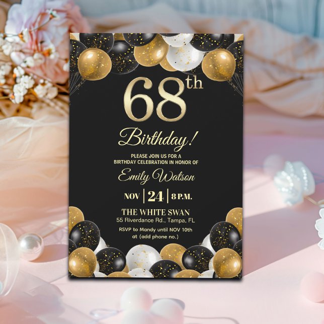 Invitación Fiesta de cumpleaños 68 elegante con brillo dorado (Subido por el creador)