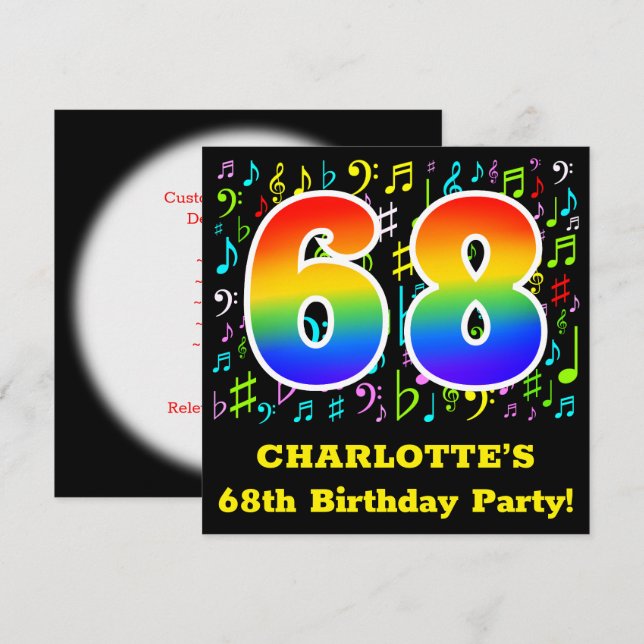 Invitación Fiesta de cumpleaños 68: Símbolos de música divert (Anverso / Reverso)