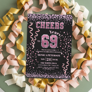 Invitación Fiesta de cumpleaños 69 con piedras de estrás rosa