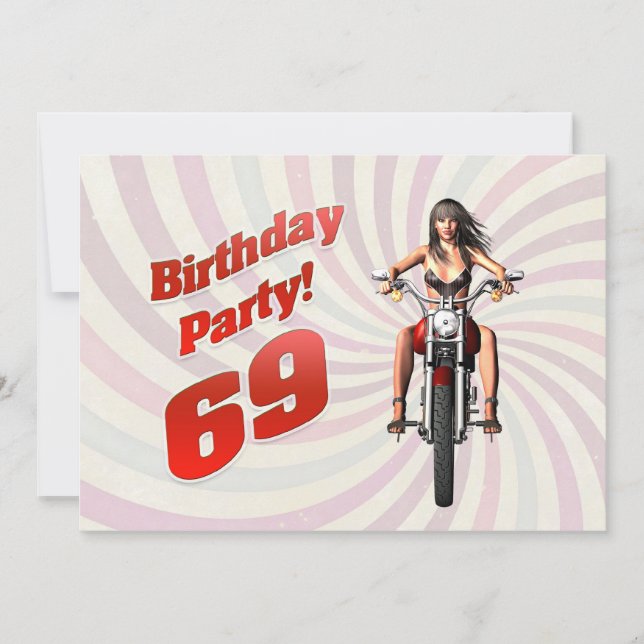 Invitación Fiesta de cumpleaños 69 con un chica en moto (Anverso)