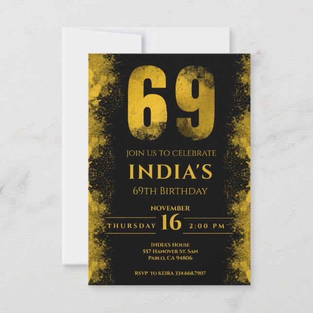 Invitación Fiesta de cumpleaños 69 de Black And Gold (Anverso)