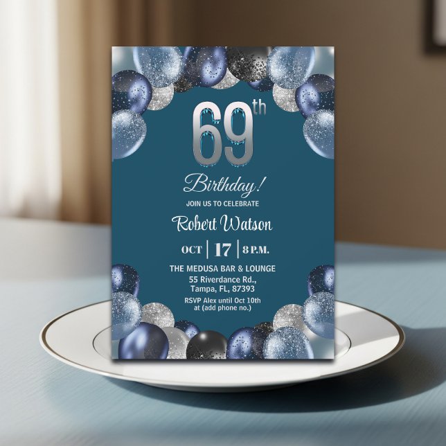 Invitación Fiesta de cumpleaños 69 Elegante Glitter Azul Plat (Subido por el creador)