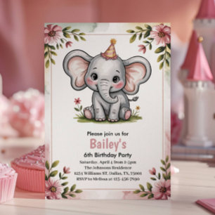 Invitación Fiesta de Cumpleaños 6 Años Elefante Rosa Lindo Ni